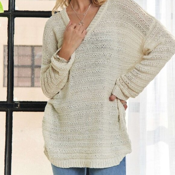 V-Neck Drop Shoulder Long Sleeve Sweater - Picture 2 of 3